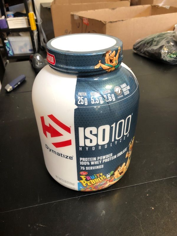 Photo 3 of \Dymatize ISO100 Hydrolyzed Protein Powder, 100% Whey Isolate, 25g of Protein, 5.5g BCAAs, Gluten Free, Fast Absorbing, Easy Digesting, Fruity Pebbles, 5 Pound Fruity Pebbles 75 Servings (Pack of 1) EXP 3/26