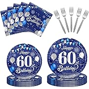 Photo 1 of  60th Birthday Decorations for Men 60th Birthday Party Tableware Sliver Blue 60 Years Birthday Party Dessert Plates Napkins Forks Classic 1964 Birthday Party Decor