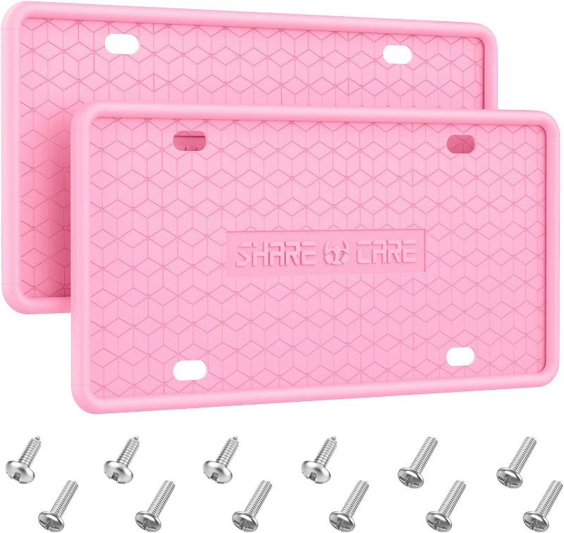 Photo 1 of 2 Pack Silicone License Plate Frame Front Back License Plate Cover License Plate Bracket Holder Rust-Proof, Rattle-Proof, Weather-Proof, for US CA Standard Cars (Pink)
