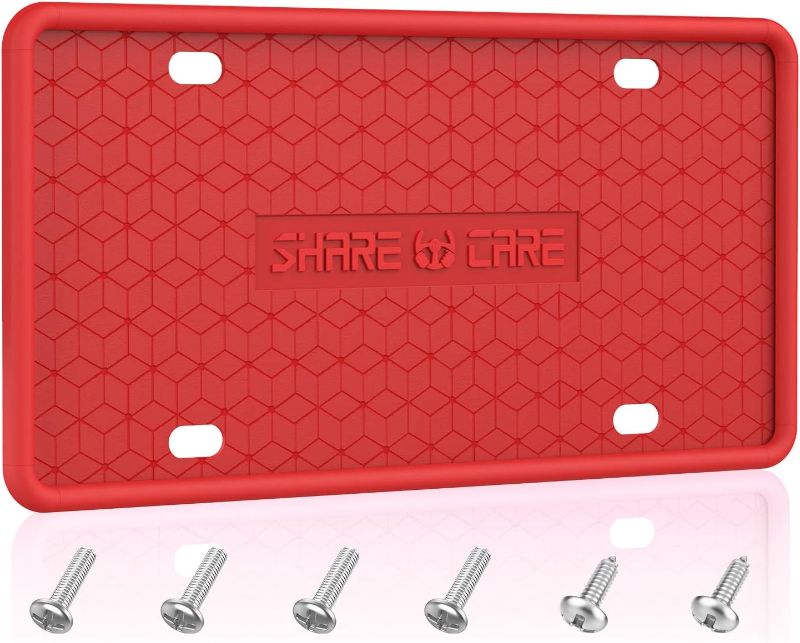 Photo 1 of 1 Pack Silicone License Plate Frame, Front Back License Plate Cover, License Plate Bracket Holder Rust-Proof, Rattle-Proof, Weather-Proof for US and CA Standard Car (Red)
