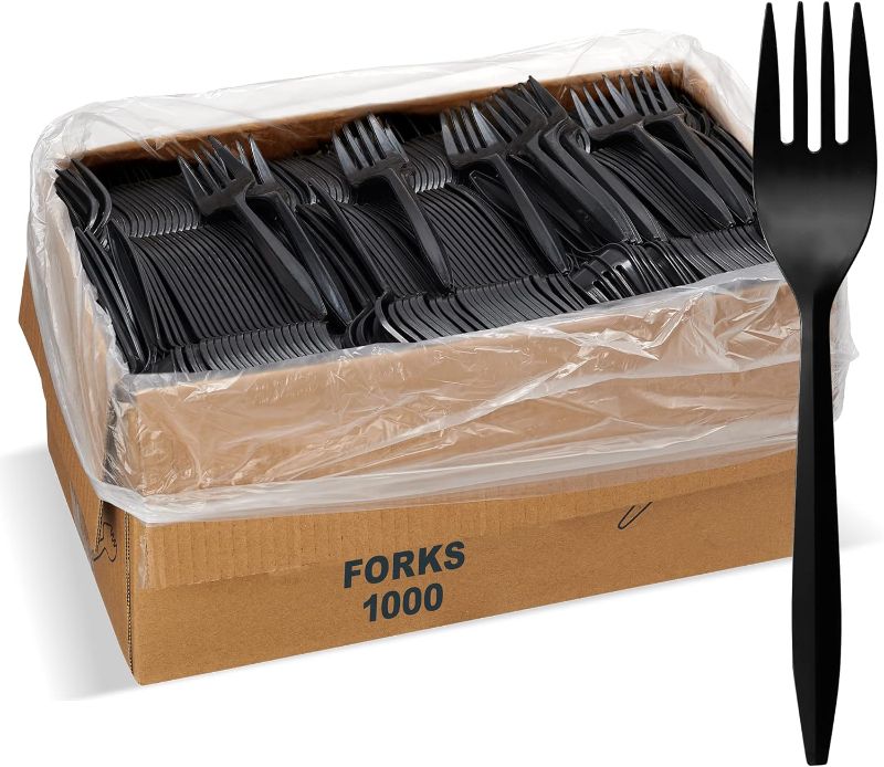 Photo 1 of 1,000 Plastic Disposable Forks Bulk Black Medium Weight Disposable Silverware Plastic Cutlery Fork