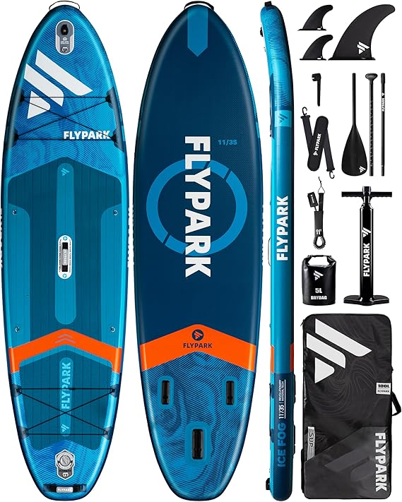 Photo 1 of 11'x35'' Fishing/Family Inflatable Paddle Board, Extra Wide SUP Paddleboard Inflatable, Stable Stand-Up Paddle Board, Camera Mount, Shoulder Strap, 2 Fish mounts, Rod Hold, Kayak seat