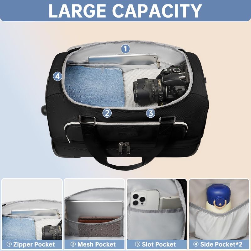 Photo 1 of Rolling Duffel Bag with Wheels, ETRONIK Weekender Bags with Shoes Compartment, Toiletry Bag for Men Women, Waterproof Carry on Suitcase with Adjustable Strap for Overnight Trip, Black