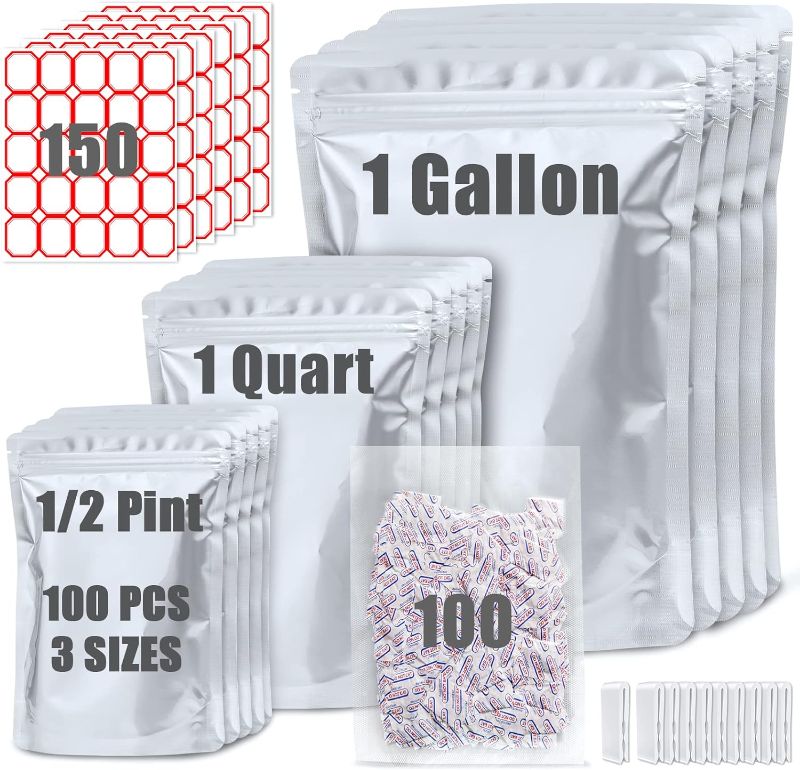 Photo 1 of 100 Pack Mylar Bags for Food Storage with 100x300cc Oxygen Absorbers - 9 Mil 10"x14", 9Mil 6"x9", 9Mil 4.3"x6.3" - Resealable Bags for Packaging Products & Ziplock Food Grade Bags for Storage
