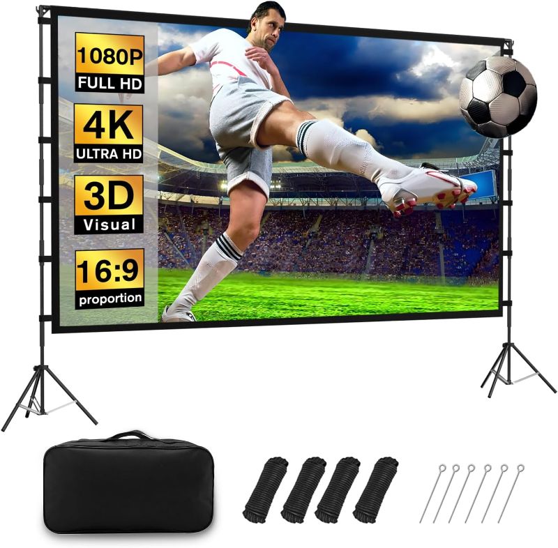 Photo 1 of 120 inch Projection Screen with Stand, 16:9 Foldable Anti-Crease, Movie Portable Projector Screen with Carrying Bag for Outdoor Indoor Home Theater, Office, Classroom, Party, Games
