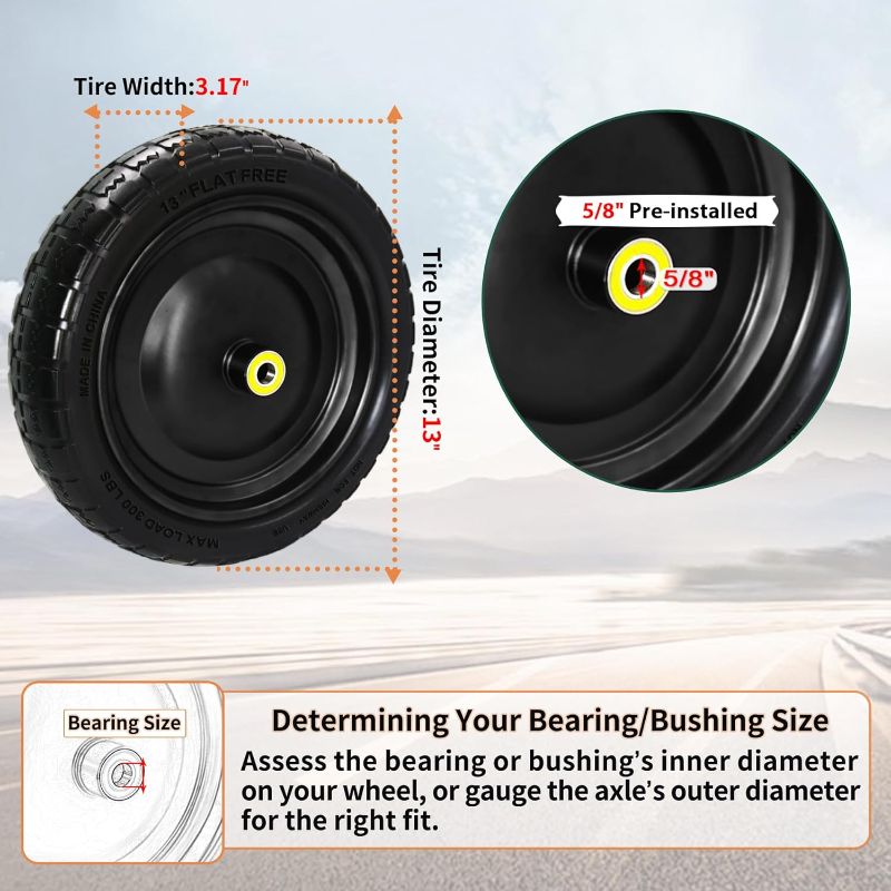 Photo 1 of 13" Flat-Free Solid Rubber Tire Cart Replacement, 5/8" Bearings, 2.17" Offset Hub, 4.00-6 Wheel Compatible with Gorilla Cart