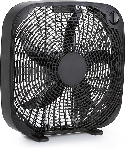 Photo 1 of Amazon Basics 20-Inch Box fan, 3 Speeds, 5 Blades, Lightweight Design, Black, 67 Watts, 6.8"D x 20.86"W x 21.33"H
