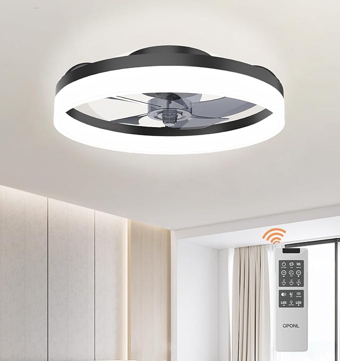 Photo 1 of 19.7" Black Modern Ceiling Fan with Light and Remote, Dimmable, 3000k-6000k 6CCT, 6 Winds Speeds, Flush Mount, Low Profile Ceiling Fan with Light, Bladeless Ceiling Fan for Bedroom
