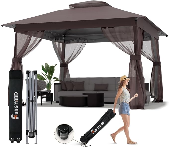 Photo 1 of 11x11 Outdoor Pop Up Gazebo - Instant Canopy Tent with Mosquito Nettings, Double Roof Vented Patio Gazebo Canopy Shelter for Backyard Shade Deck Garden Lawns (11x11ft Brown)
