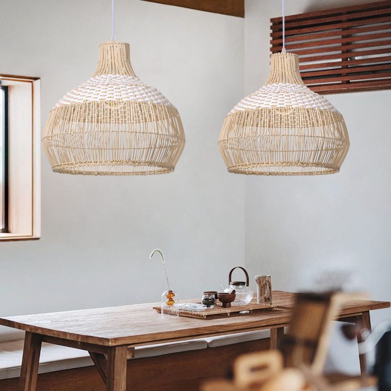 Photo 1 of 1pcs---Arturesthome White Handwoven Rattan Boho Pendant Light, Wicker Hanging Ceiling Light Chandelier, Handmade Woven Basket Lampshade for Kitchen Island 40cmx40cm
