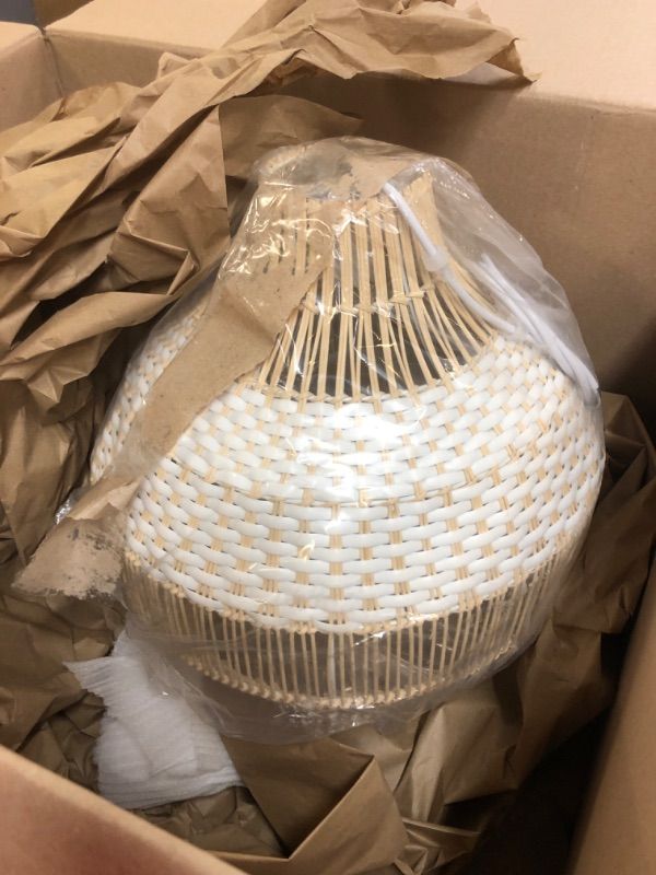 Photo 1 of 1pcs---Arturesthome White Handwoven Rattan Boho Pendant Light, Wicker Hanging Ceiling Light Chandelier, Handmade Woven Basket Lampshade for Kitchen Island 40cmx40cm
