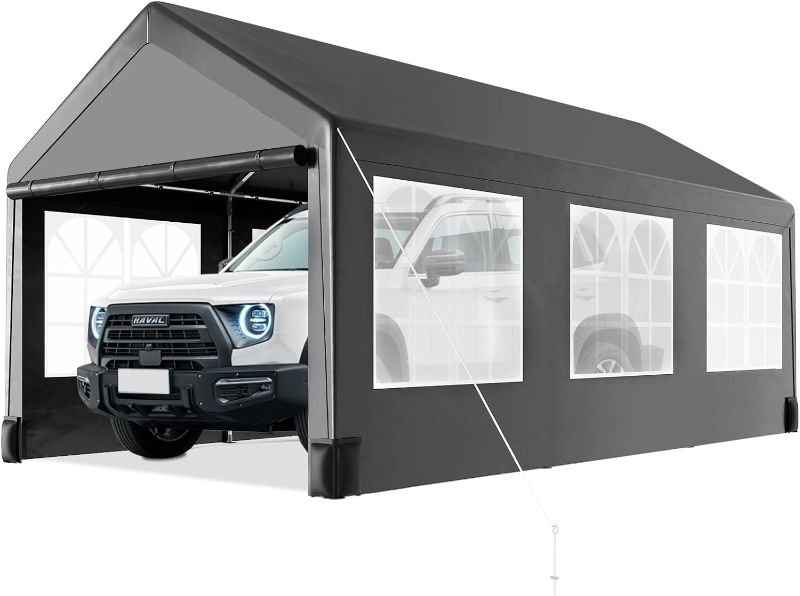 Photo 1 of 12 * 20 Heavy Duty Carport Canopy, Portable Car Tent Garage with 6 Roll-Up Windows and All-Season Tarp Cover, Metal Roof & 4 Sandbags for Car, SUV, Truck & Boat, Grey
