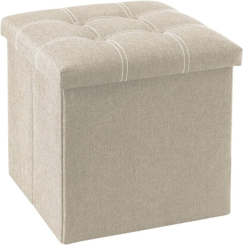 Photo 1 of 15 inches Storage Ottoman Cube, Foldable Storage Boxes Footrest Step Stool, Padded Seat for Dorm Living Room, Support 300lbs, Line Fabric Beige
