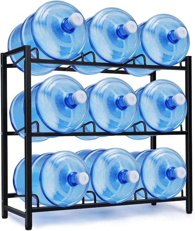 Photo 1 of 9-Tray Water Jug Rack, Storage 5 Gallon Water Cooler Bottle Holder Stand, 3-Tier Heavy Duty Carbon Steel 5 Gal Water Bottle Organizer for Home, Office, Kitchen, Warehouse, Black