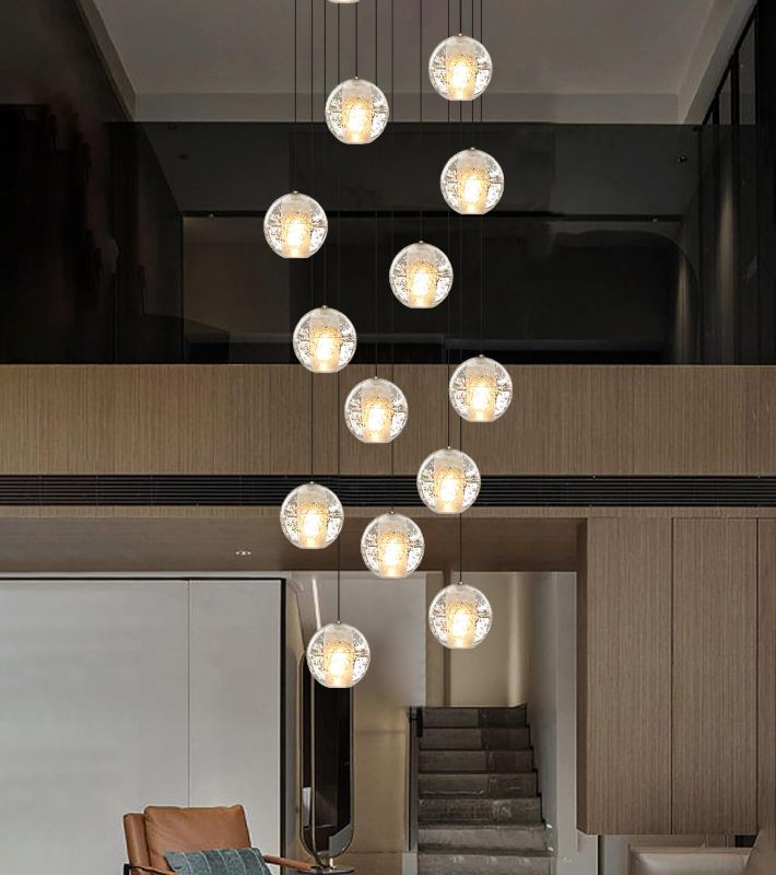 Photo 1 of 14-Lights Modern Chandelier Bubble Crystal 118" Long Lights for Living Room Entrance Foyer Sloped High Ceiling Spiral Pendant Lighting Warm Light, Silver
