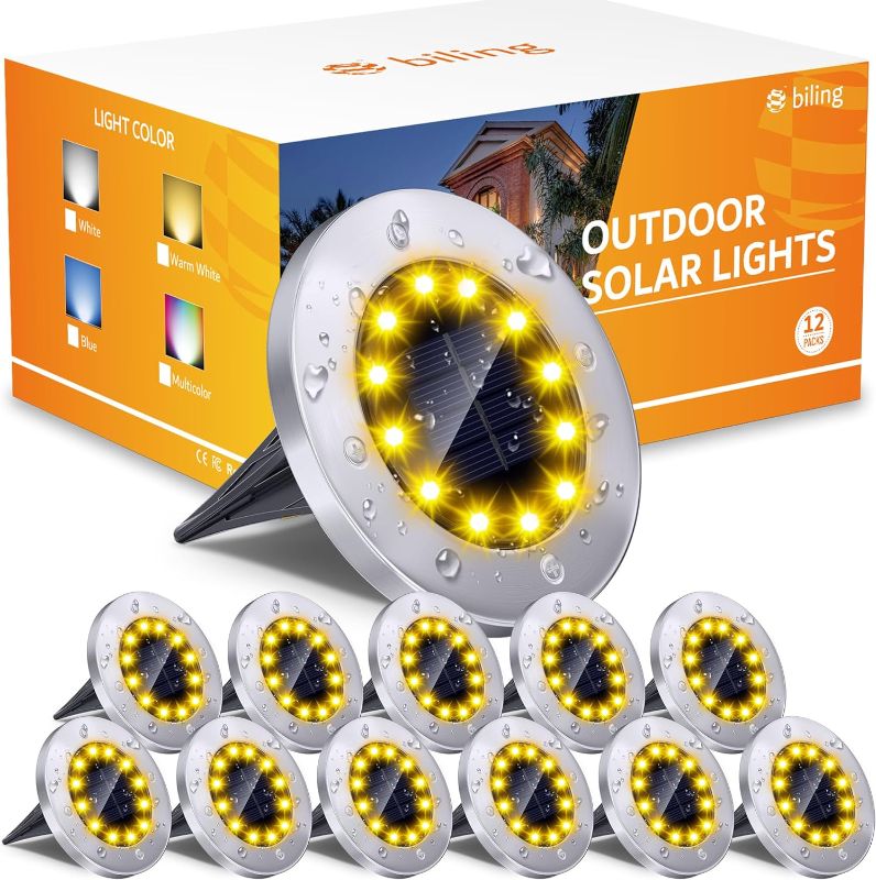 Photo 1 of Biling Solar Outdoor Lights 12 Packs, Bright 12 LEDs Solar Ground Lights Waterproof, Flat Pathway Lights Solar Powered for Yard Walkway Garden Driveway (Warm White)
