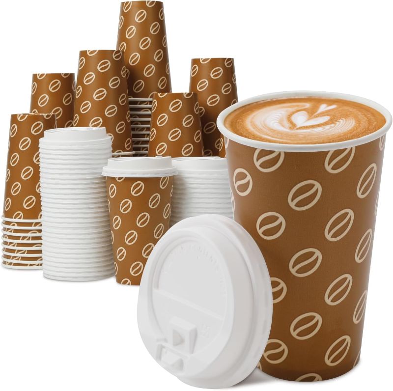 Photo 1 of 16 oz 100 Pack Disposable Coffee Cups with Lids, To Go Coffee Cups, Leak Proof Hot/Cold Drinking Cups for Tea, Hot Chocolate, Water, Paper Coffee Cups for Home Office Party (Brown)
