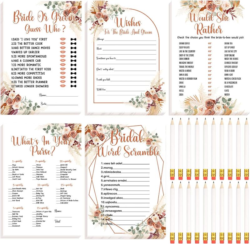 Photo 1 of 145 Pieces Bridal Shower Game Bridal Shower Favors Wedding Shower Games Set Include Wedding Games Cards and Pencils for Bride Groom Bachelorette Party Wedding Shower Party Favor (Boho Style)
