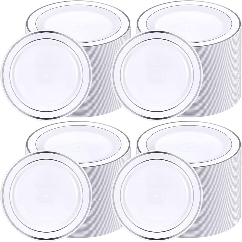 Photo 1 of 150 Pieces Plastic White Plates Set Disposable Salad Dessert Cake Plates with Decorative Rim Plastic Plates Bulk for 150 Guests Dinner Wedding Party Picnic BBQ Plates, 7.5 Inch White Silver
