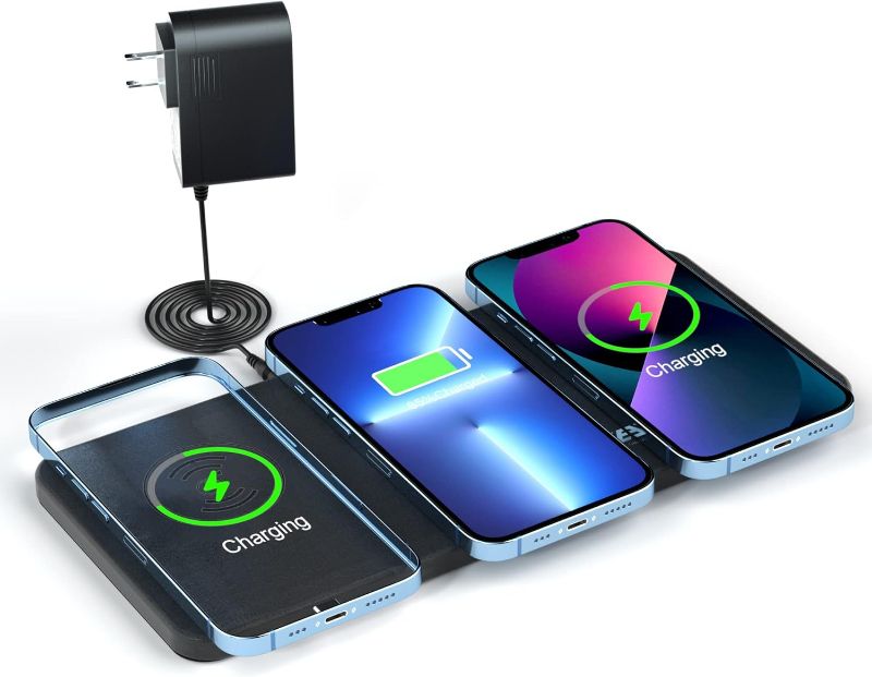 Photo 1 of Triple Wireless Charger Pad - 15W Fast Charging Station for Apple iPhone 15/14/13/12 Pro/Max/Plus, AirPods, Qi-Certified 3-in-1 Charging Mat for Multiple Devices One-Step Wireless Charging Solution
