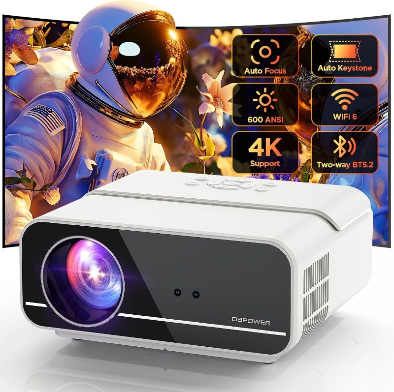 Photo 1 of [Auto Focus/Keystone] DBPOWER Projector 4K with 5G WiFi and Two-Way Bluetooth, 600ANSI FHD Native 1080P Outdoor Movie Projector with 4P4D/PPT/Zoom, Mini Home Projector Compatible w TV Stick (White)
