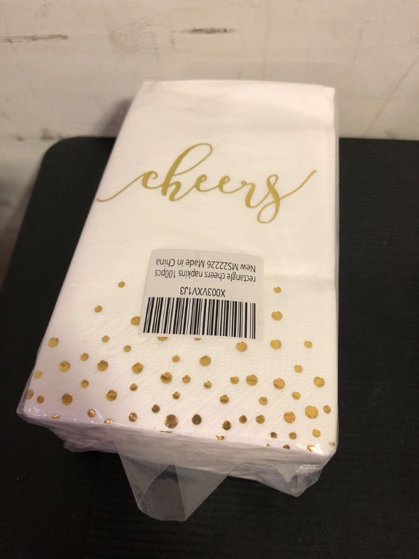 Photo 2 of 100Pcs Gold Cheers Party Paper Napkins, Decorative Disposable Metallic Gold Foil Bar Cocktail Napkins, Elegant White and Gold Paper Guest Hand Towels for Birthday Wedding Bachelorette Engagement Party