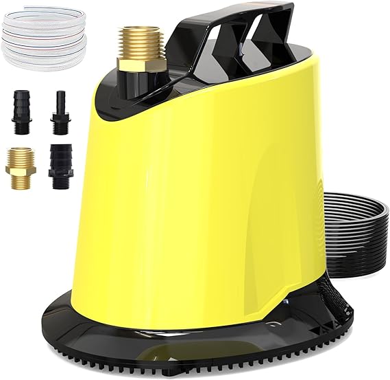 Photo 1 of  Sump Pump - 125W 1100 GPH Submersible Water Pump with 16ft Drainage Hose, 25ft Extra Long Power Cord & 4 Hose Adapters, Water Pump for Basements, Pool Fountains, Hot Tub, Garden Pond, Yellow