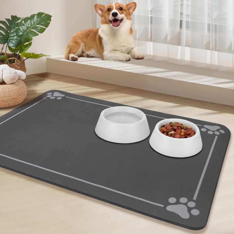 Photo 1 of 24 X 16 in Absorbent Pet Feeding Mat, Quick Dog Mat for Food and Water Bowl, No Stains Easy Clean Dog Food Mats for Floors, Dry Dog Water Bowl Mat for Messy Drinker, Pet Supplies Mat Grey