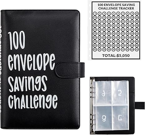 Photo 1 of 100 Envelopes Money Saving Challenge, 100 Envelope Challenge Binder, Easy and Fun Way to Save $5,050, Savings Challenges Budget Book Binder with Cash Envelopes for Office,Home,School (Black)
