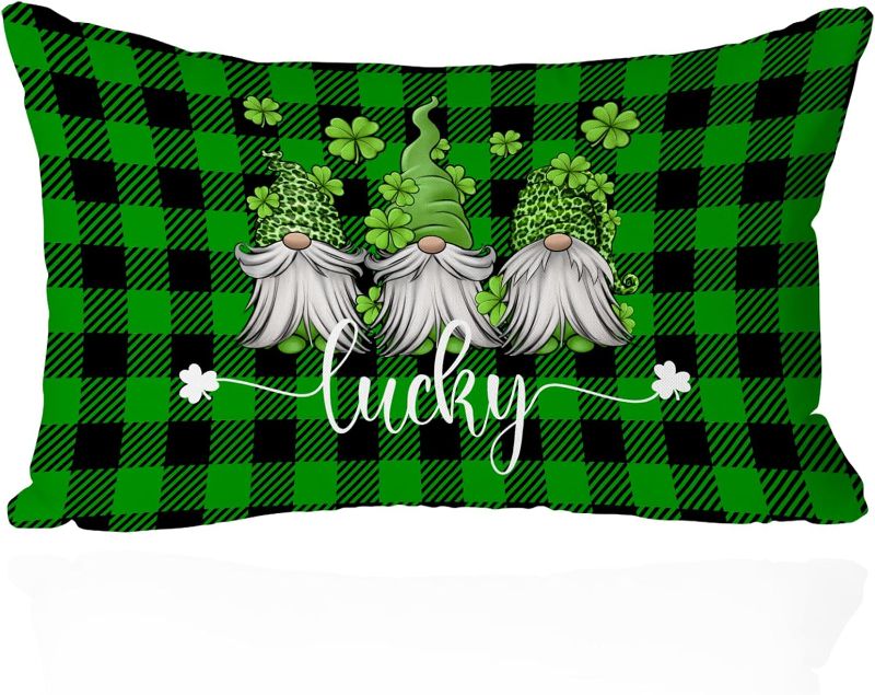 Photo 1 of 12x20 Inch St. Patrick's Day Gnome Pillow Cover - Irish leprechaun and Shamrock Design with Green Buffalo Plaid - Lucky Blessed Rustic Decorative Cushion Case for Sofa, Couch, and Bedroom 2 PACK 
