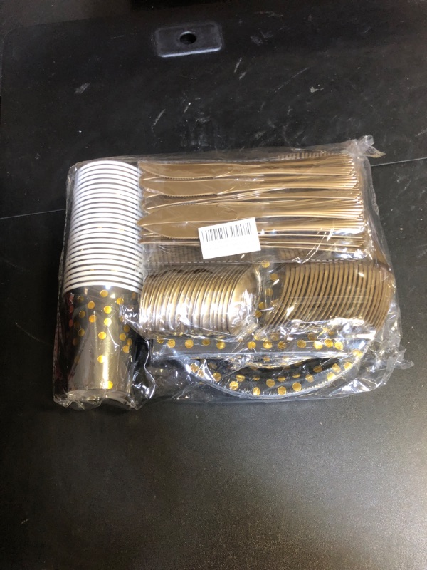 Photo 2 of 175PCS Black and Gold Party Supplies. Serves 25 Sets Plates and Napkins Party Supplies Include Paper Plates, Cups, Napkins and Plastic Spoons Forks Knives, for Graduation, Birthday, Wedding.