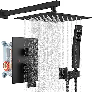 Photo 1 of  Rainfall Bathroom Shower System Rain Shower Head and Handle Set Wall Mounted Shower Complete Combo Solid Brass Pressure Balancing Shower Mixer Valve 12 Inch Brushed BLACK 