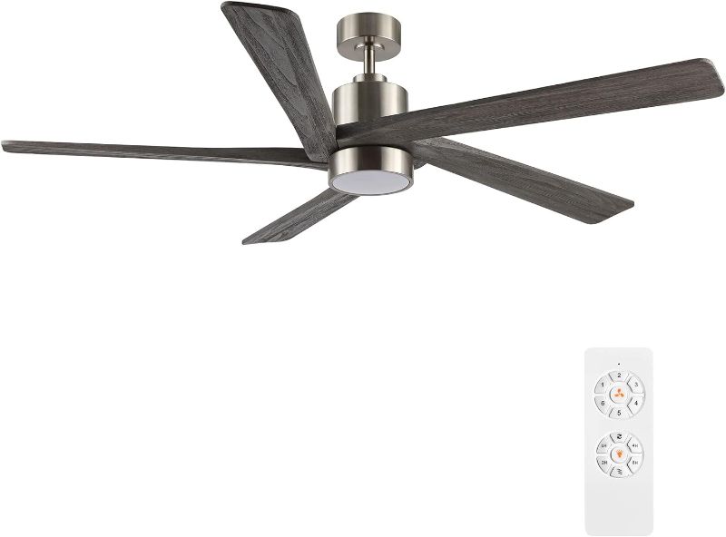 Photo 1 of WINGBO 54 Inch DC Ceiling Fan with Lights and Remote Control, 5 Reversible Carved Wood Blades, 6-Speed Noiseless DC Motor, Modern Ceiling Fan in Brushed Nickel Finish with Gray Blades, ETL Listed
