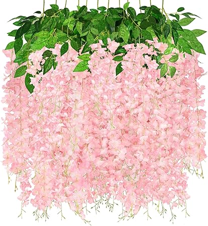 Photo 1 of 12 Pack Artificial Hanging Flowers Wisteria Garland Lush Long Silk Flower Vines for Outdoor Indoor Wedding Arch Backdrop Party Room Wall Decor (Light Pink)