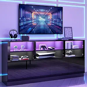 Photo 1 of 70 Inch LED TV Stand for 75/80/85 Inch TV,Modern Gaming Entertainment Center with Storage Shelves and Doors,High Gloss TV Media Console for Living Room,RGB LED Lights,Black