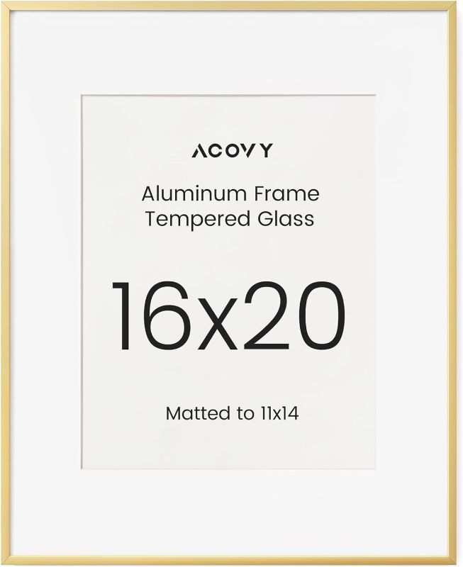 Photo 1 of 16x20 Aluminum Picture Frame with White Color Mat for 11x14, HD Tempered Glass, Metal Poster Frame Photo Frame for Wall Display (Gold, Pack of 1)
