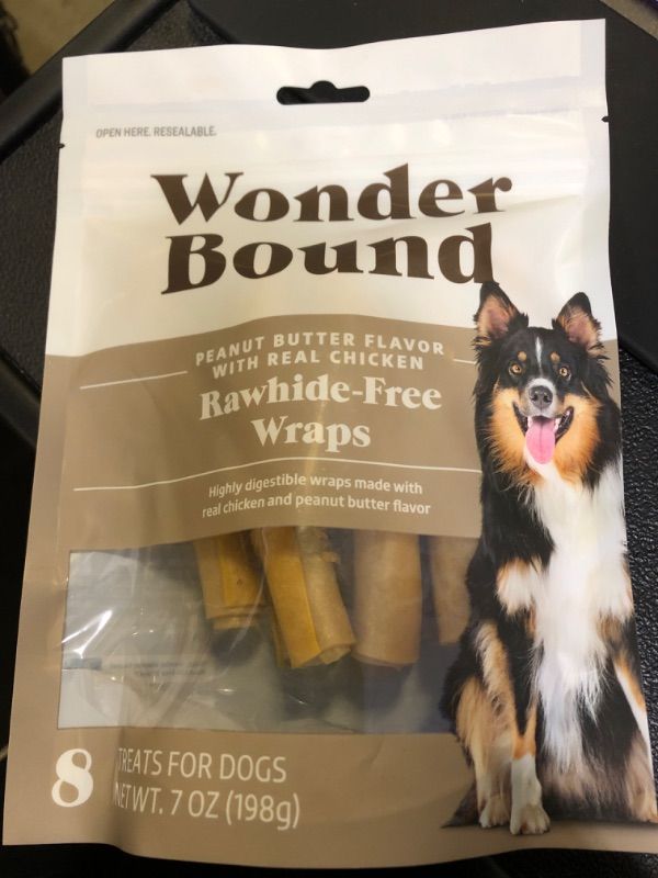 Photo 2 of Amazon Brand - Wonder Bound Chicken Wrapped Medium Sticks, Peanut Butter Flavor - 8 Count - Rawhide-Free Dog Treats, Dental Health Chews for Plaque & Tartar Control, Easy to Digest, Long-Lasting Peanut Butter 8 Count (Pack of 1)