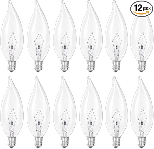 Photo 1 of 12 Pack 60W 120V Candelabra Base B10 CTC Candelabra Flame Tip Clear CA10 Decorative Dimmable Light Bulbs, Transparent Candle Light Bulbs for Chandeliers, Ceiling Fan Fireplace,Appliance Light