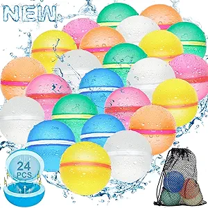 Photo 1 of 
Roll over image to zoom in
Reusable Water Balloons for Kids,24 PCS Magnetic Refillable Latex-Free Silicone Water Bomb with Mesh Bag, Summer Toys Beach Toys Swimming Pool Party Supplies Bath Toy Outdoor Summer Surprise for Kids