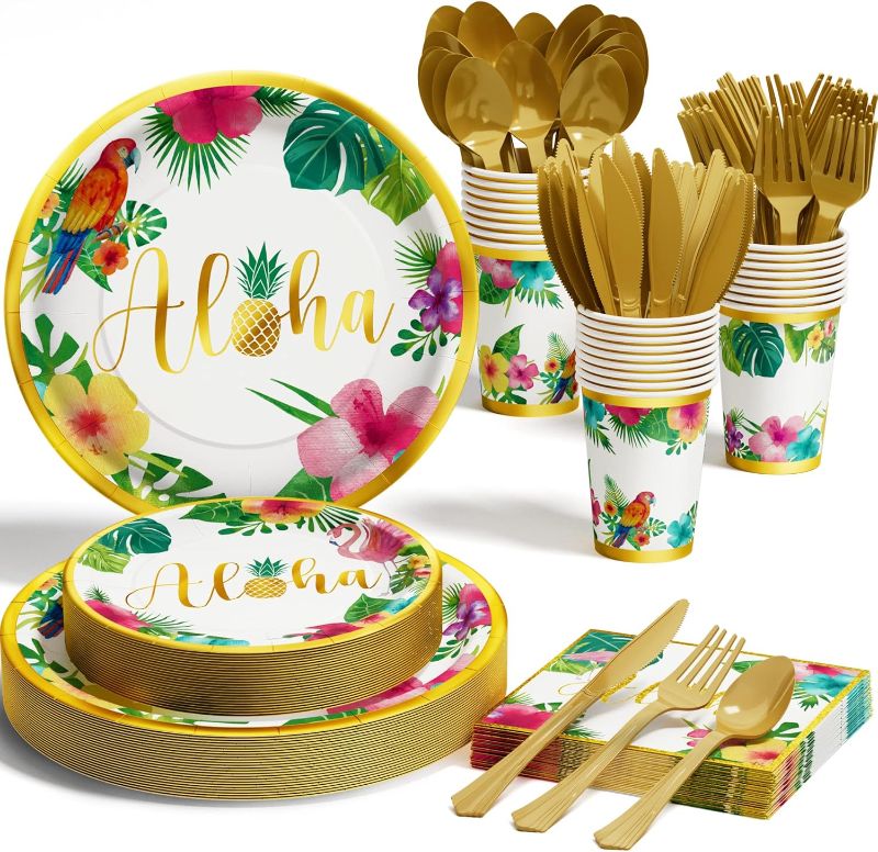 Photo 1 of Tiblue Hawaiian Tropical Luau Party Decorations Supplies - 175 PCS Aloha Birthday Disposable Dinnerware Set (25 Guest) With Paper Plates Cup Napkin Plastic Fork Knives Spoon for Summer Holiday - Gold
