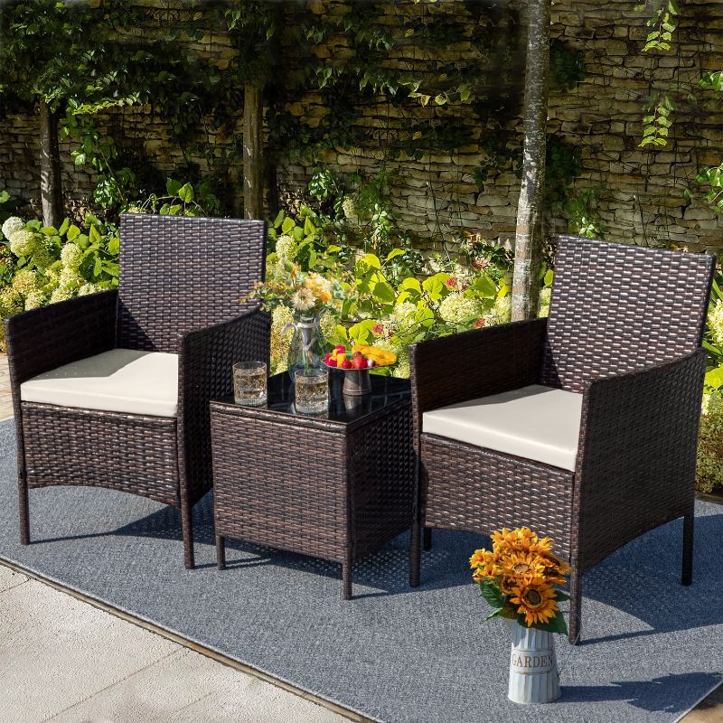 Photo 1 of 3-Piece Brown Patio Outdoor Furniture Wicker Conversation Set with Beige Cushions
