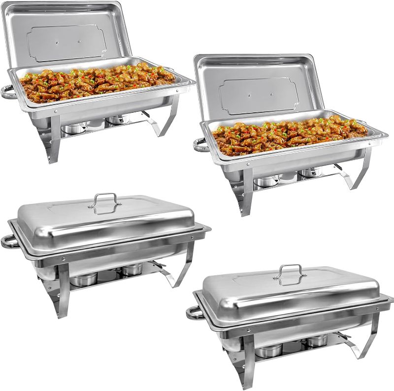 Photo 1 of 4 Pack Chafing Dish Buffet Set High Grade 8QT Stainless Steel Chafer Complete Set, 8 QT, Alpine Gray Handle, Silver
