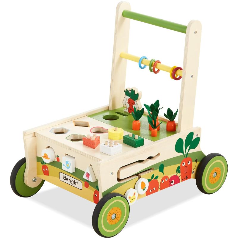 Photo 1 of Beright 12-in-1 Wooden Baby Walker, Push and Pull Learning Activity Walker, Multiple Activities Center, Shape Sorting, Grocery Cart Push Toy and Puzzles, Develops Motor Skills & Stimulates
