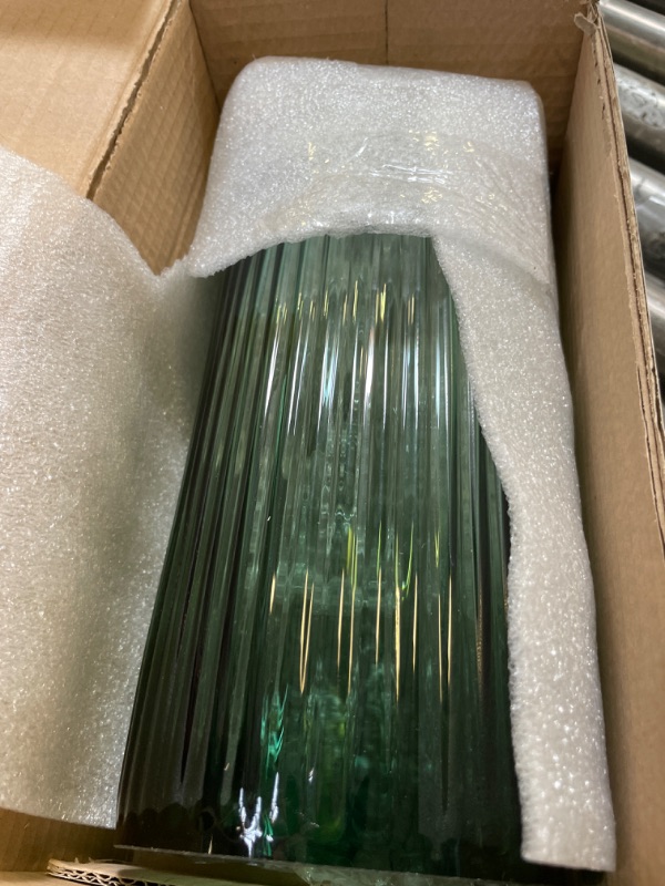 Photo 2 of 10 Inch Premium Thickened Green Glass Vase - Ribbed Glass Flower Vase for Rustic Home Decor, Decorative Vases for Flowers for Modern Farmhouse, Ideal for Shelf, Mantle, Table Entryway Décor Green Large 10 Inch