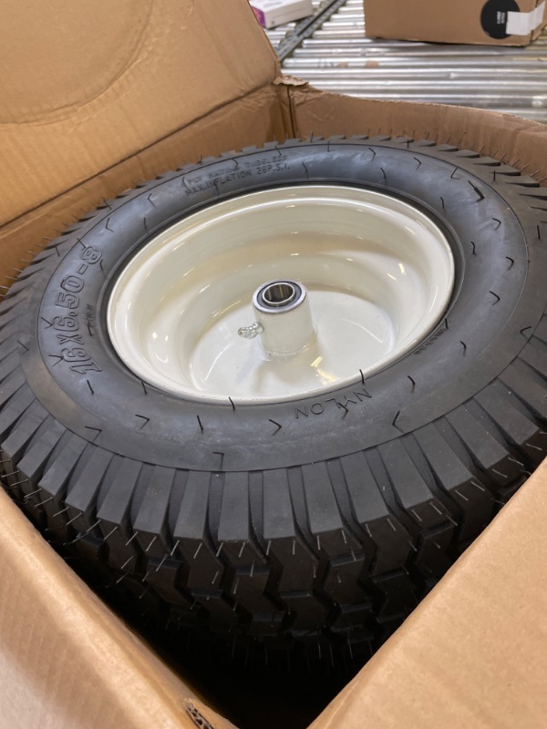 Photo 3 of 16x6.50-8" Lawn Mower Tires and Wheel 3/4" Iron Bushing Wheelbarrow Tires 3" Offset Hub, 4 Ply with 661lbs Load Capacity Wheel Barrow Wheels, Craftsman Mower, Garden Lawn Tractors (2 Pack)