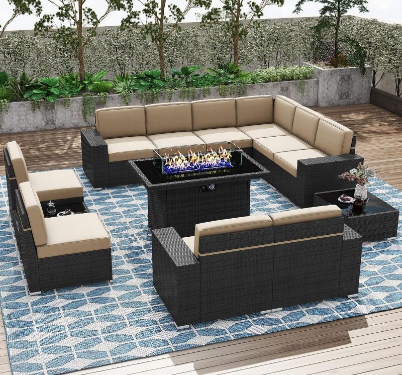 Photo 1 of *FOR PARTS ONLY. INCOMPLETE SET* Black Rattan Wicker 6 Seat 7-Piece Steel Outdoor Fire Pit Patio Set with Beige Cushions and Rectangular Fire Pit Table
