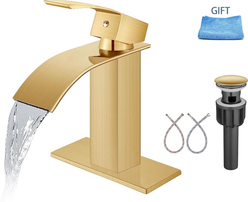 Photo 1 of Aolemi Bathroom Faucet Single Handle 1 Hole Deck Mount Lavatory Vanity RV Sink Mixer Basin Tap with Cover Plate and Pop Up Drain Assembly, Brushed Gold, Waterfall Spout
