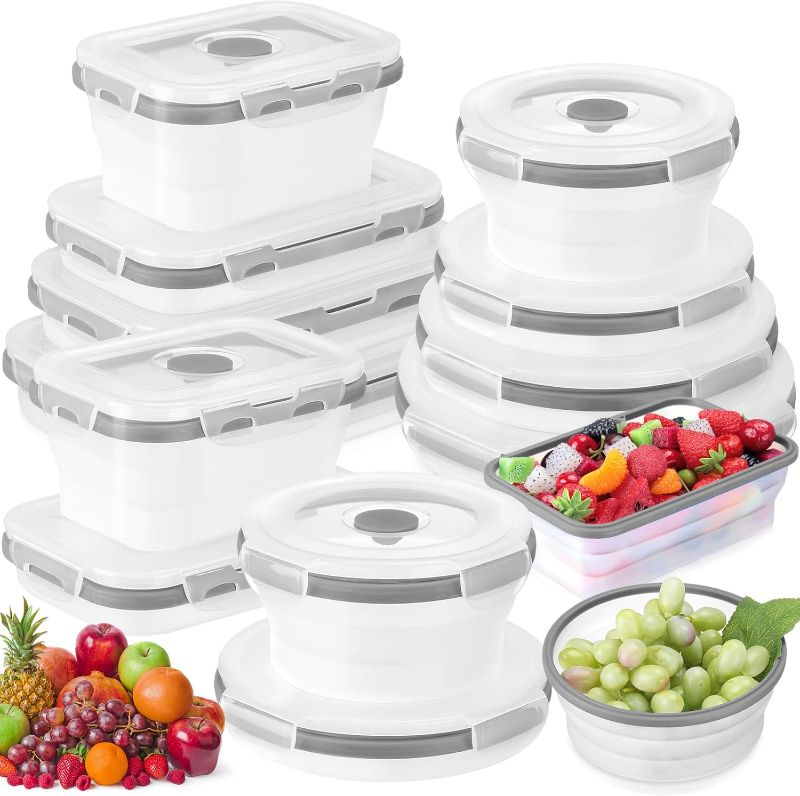 Photo 1 of 12 Silicone Collapsible Food Storage Containers Foldable Silicone Lunch Container 6 Rectangle and 6 Round Airtight Collapsible Bowl with Lid Set for Kitchen Microwave (Translucence Gray)
