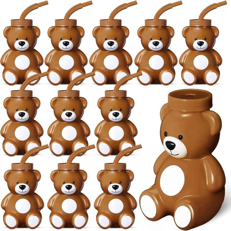Photo 1 of  12 Pieces Bear Cups with Straws and Lids Birthday Party Favor Gift Supplies 10 oz Plastic Bear Shape Cup Reusable Creative Cups Bulk for Baby Shower Kids Birthday Wedding Party Favors(Brown)
