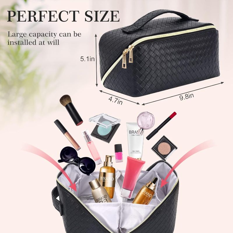 Photo 1 of 1pc only---ZAUKNYA Makeup Bag - Large Capacity Travel Cosmetic Bag, Portable Leather Waterproof Women Travel Makeup Bag Organizer, with Handle and Divider Flat Lay Checkered Cosmetic Bags (Black)